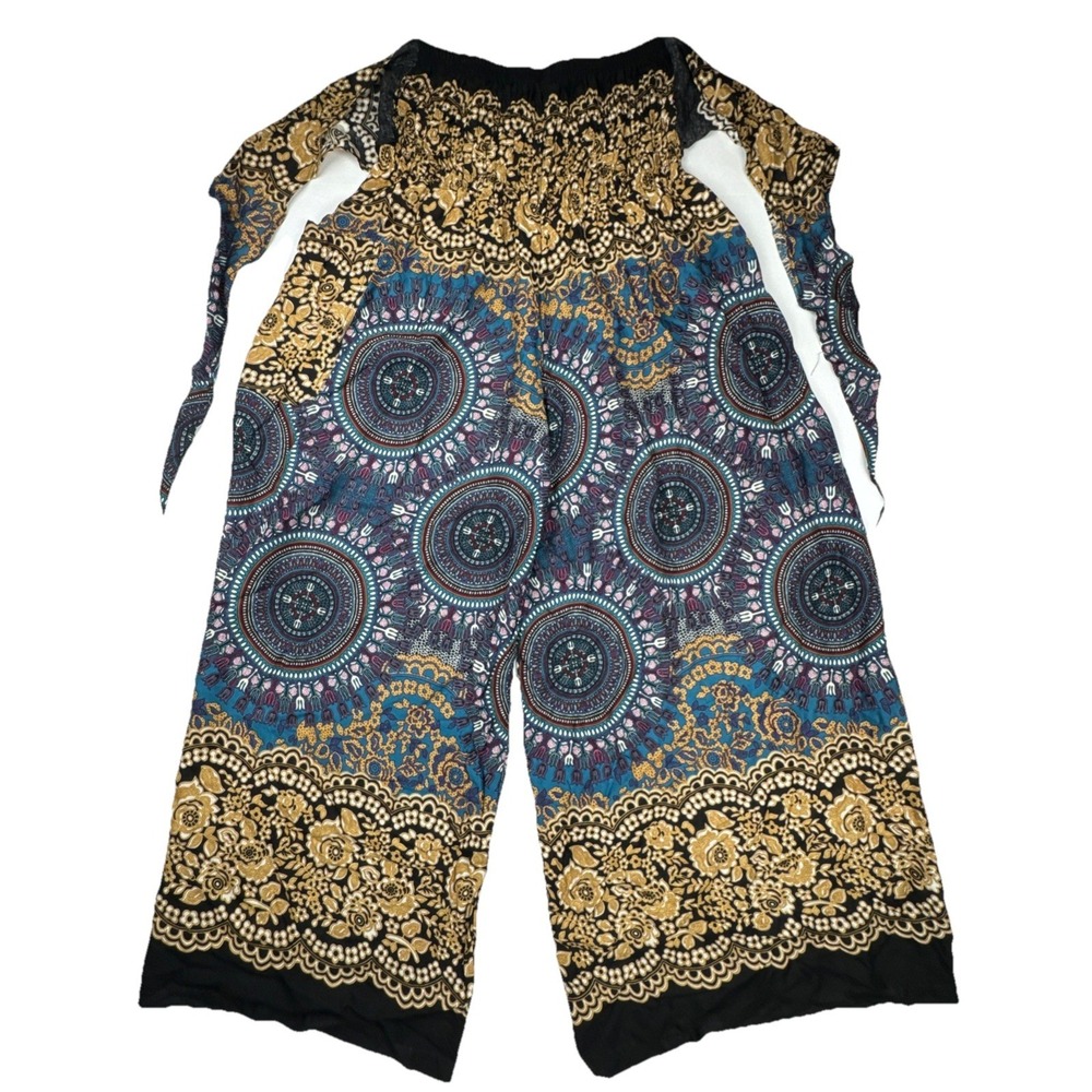 Bangkok Pants Smocked Waist Jumpsuit Mandala Floral Boho‎ Wide Leg One Size Blue